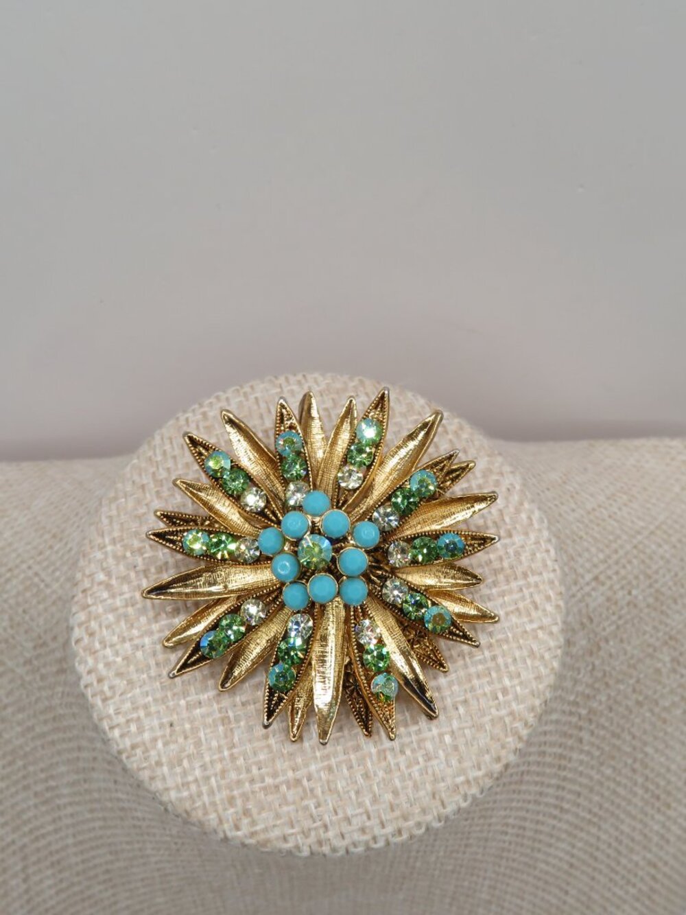 Vintage Starburst Faux Turquoise & Green Rhinestone AB Gold Tone Brooch